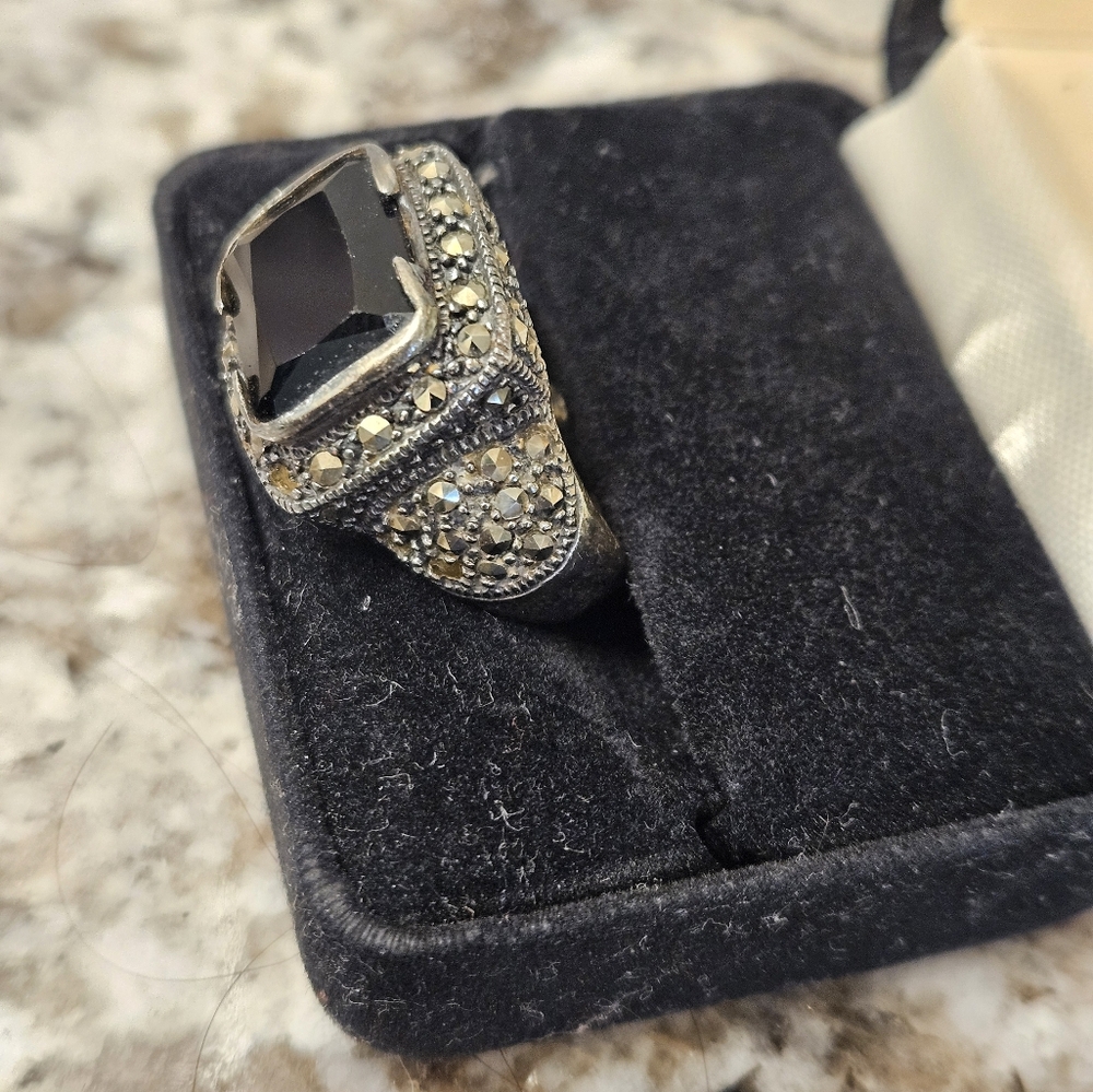 Antique Black Onyx 925 Sterling Silver Ring sz 7